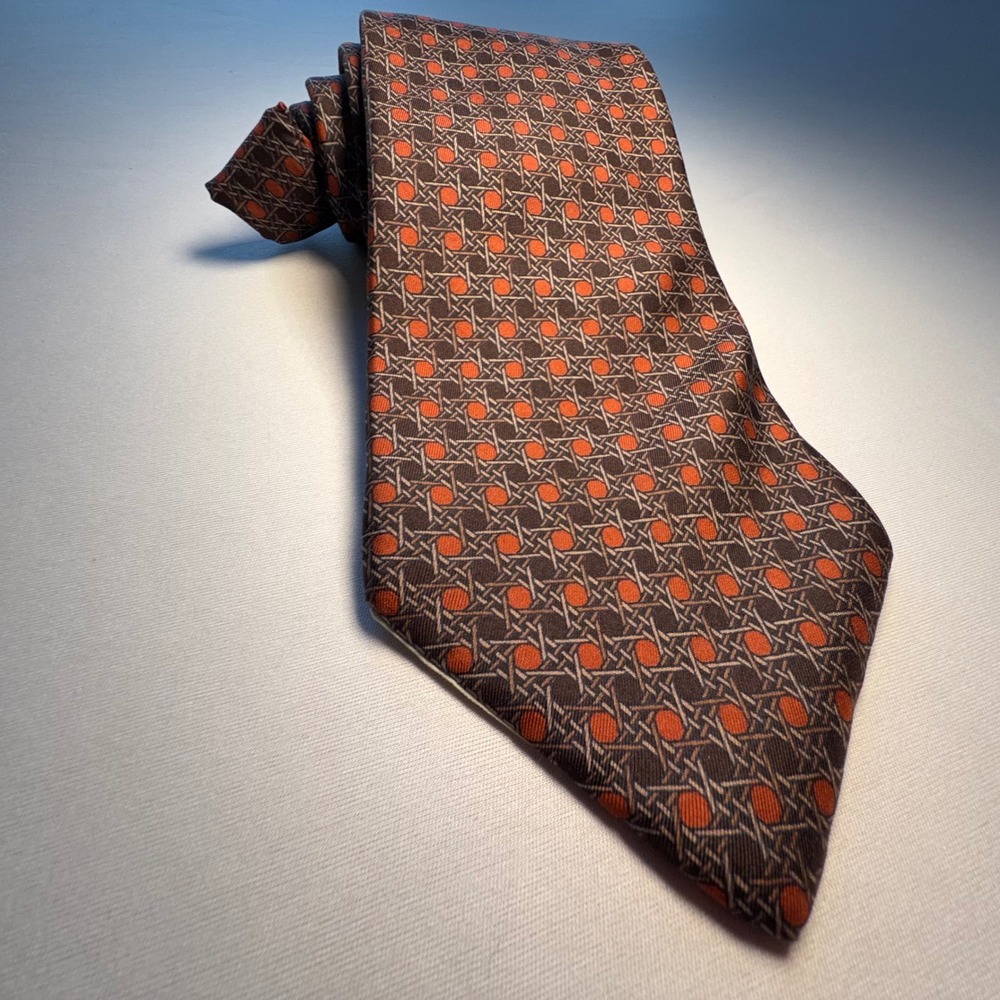 70s Christian Dior Tie Mens OS Brown Orange‎ Silk Cane Weave Geometric Designer